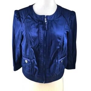 WHBM Satin Cropped Jacket Size 4 Indigo Blue 3/4 Sleeve White House Black Market